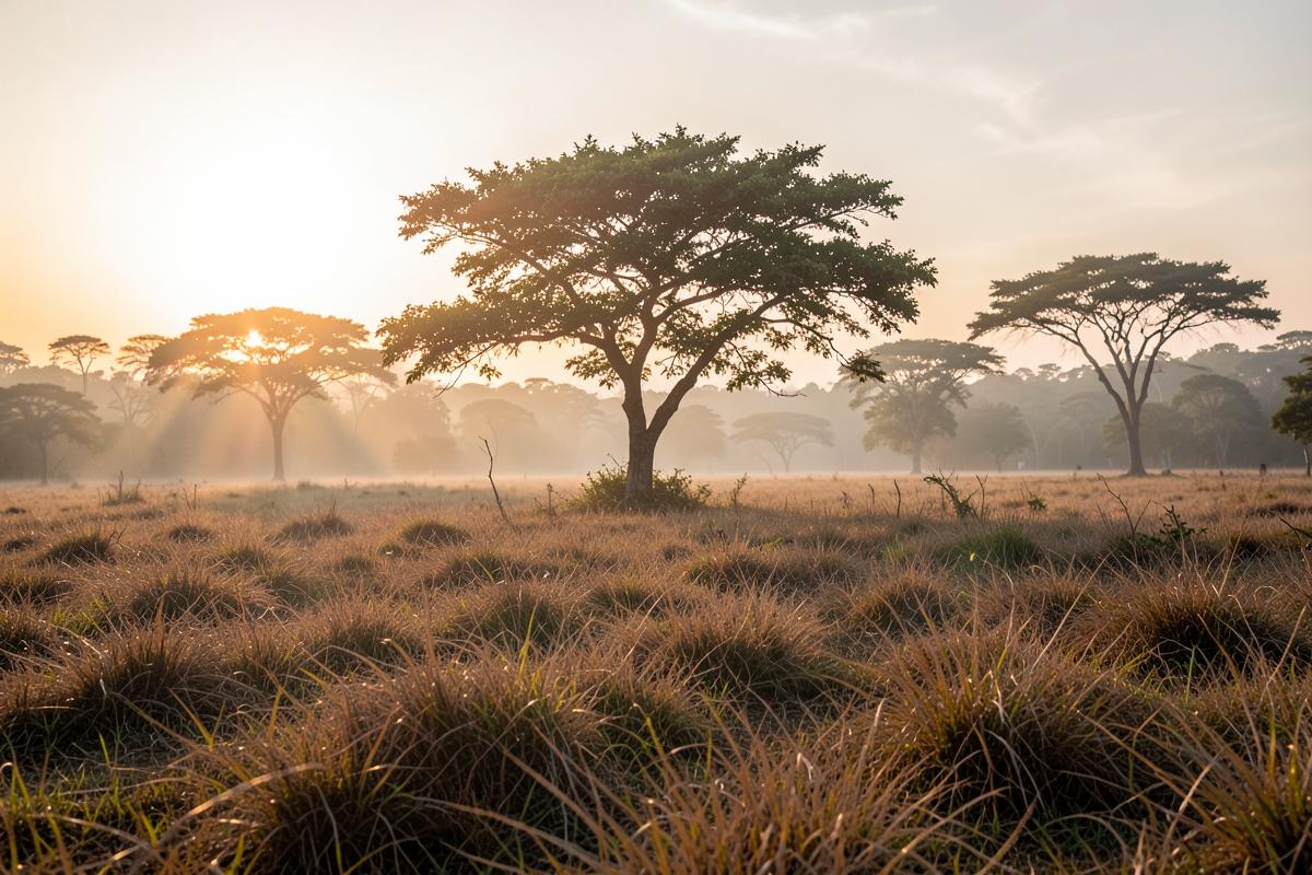 Lone tree standing in the dry grass of Savana Tianyar at sunrise